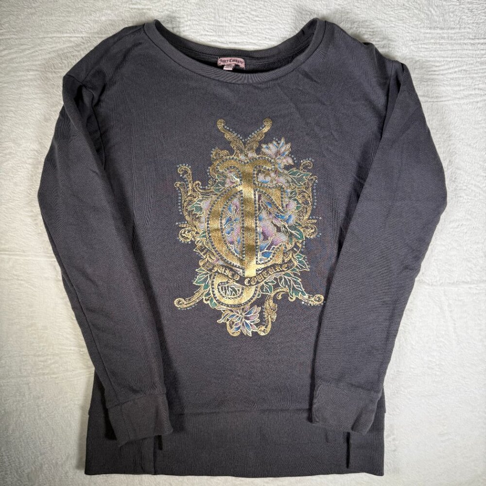 Juicy Couture Size‎ XS Gray Sweatshirt Gem Embellished Gold Metallic Floral Y2k